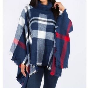 MIRA LUXE NAVY TURTLENECK PONCHO ONE SIZE NWT.